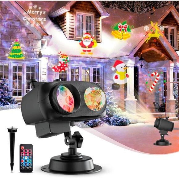 Justincity 2-in-1 LED Christmas Projector Light with Remote  Christmas Projector Lights Outdoor 2 in 1 with Remote Control 80 HD Patterns